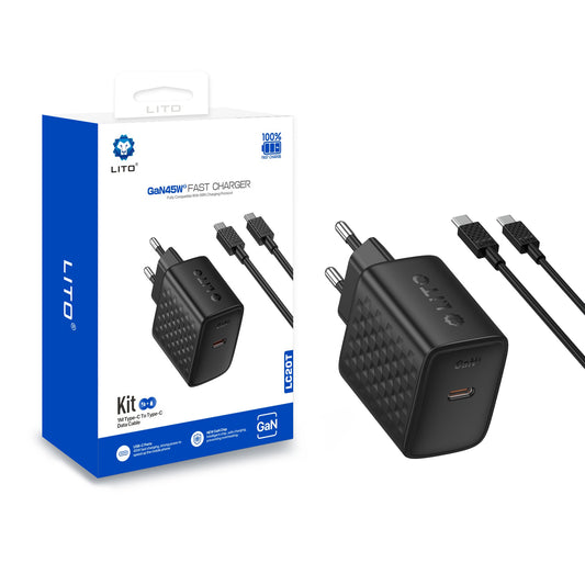 Chargeur réseau avec câble USB-C Lito LC20T, 45W, 3A, 1 x USB-C, Noir