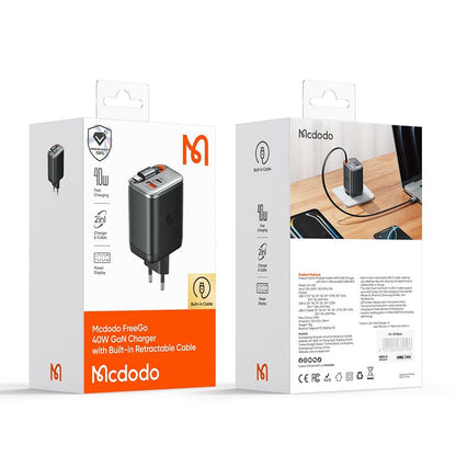 Chargeur réseau avec câble USB-C McDodo CH-4281 FreeGo Display, 40W, 3A, 1 x USB-A - 1 x USB-C, Noir