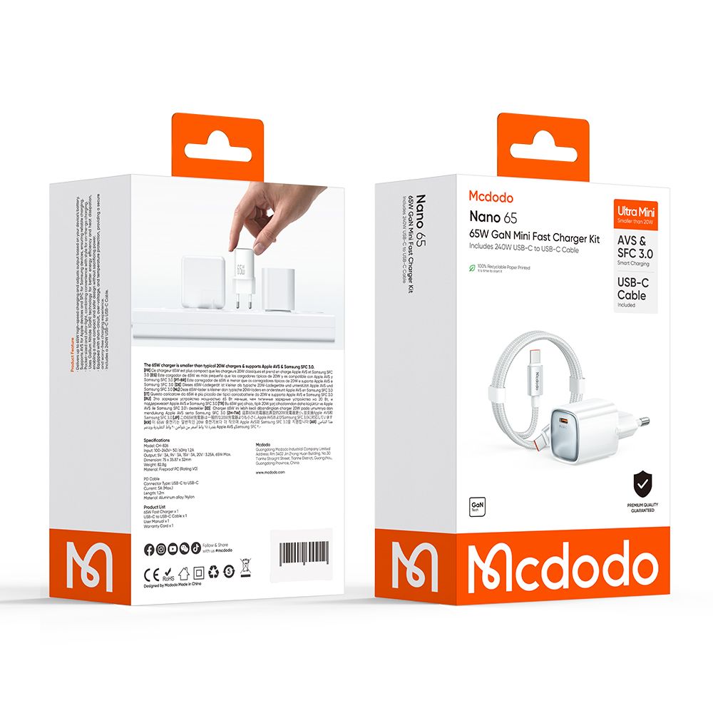 Chargeur secteur avec câble USB-C Mcdodo Nano CH-8263, 65W, 3,25A, 1 x USB-C, Blanc
