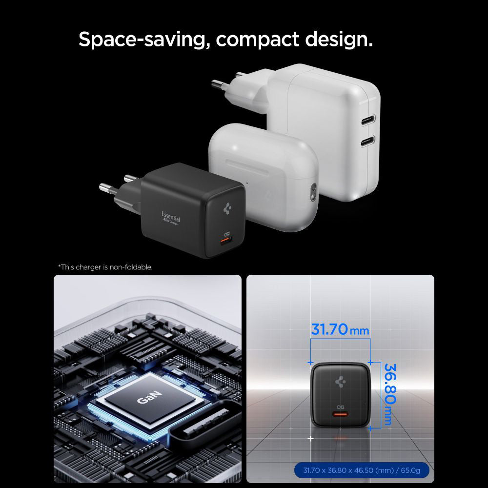 Spigen EE451EU Essential Network Charger with USB-C Cable, 45W, 3A, 1 x USB-C, Black ACH09474