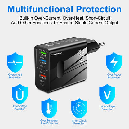 Netzladegerät mit USB-C Kabel Techsuit CHC1 PentaXPower, 25W, 3A, 3 x USB-A - 2 x USB-C, Weiß