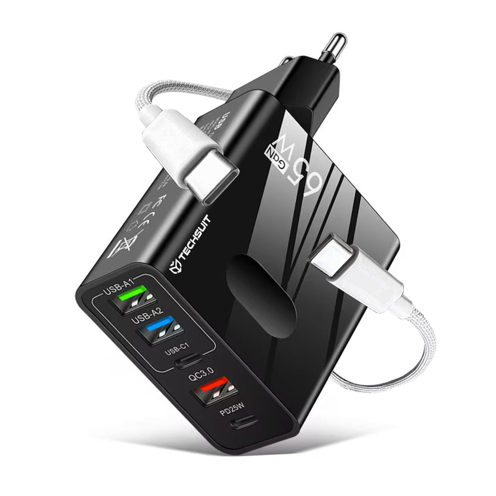 Netzladegerät mit USB-C Kabel Techsuit CHC1 PentaXPower, 25W, 3A, 3 x USB-A - 2 x USB-C, Schwarz