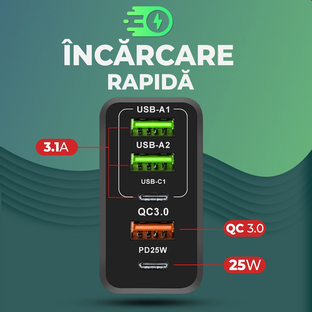 Netzladegerät mit USB-C Kabel Techsuit CHC1 PentaXPower, 25W, 3A, 3 x USB-A - 2 x USB-C, Schwarz