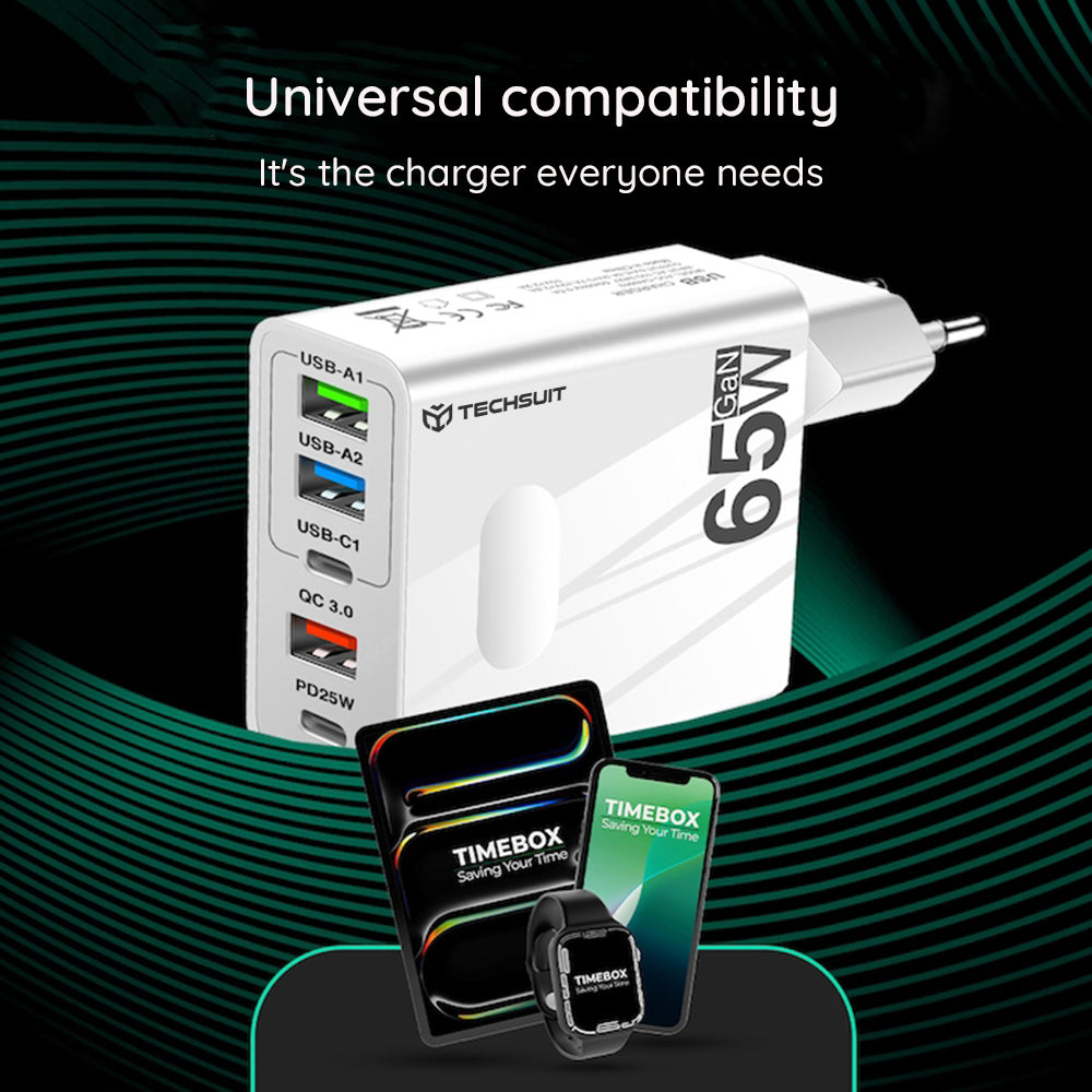 Netzladegerät mit USB-C Kabel Techsuit CHC1 PentaXPower, 25W, 3A, 3 x USB-A - 2 x USB-C, Schwarz