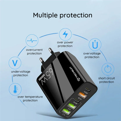 Netzladegerät mit USB-C Kabel Techsuit CHC2 PentaXPower, 20W, 3A, 3 x USB-A - 2 x USB-C, Schwarz