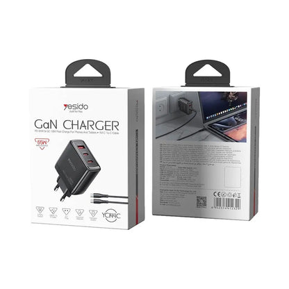 Chargeur Secteur avec Câble USB-C Yesido YC144C, 65W, 3.25A, 1 x USB-A - 2 x USB-C, Noir