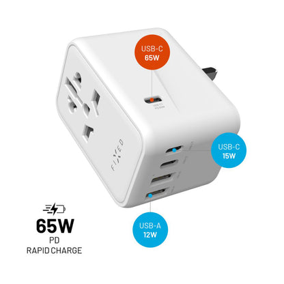 Netzladegerät Fixed Travel, 65W, 3.25A, 2 x USB-A - 3 x USB-C, Weiß