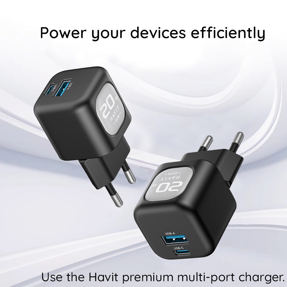 Chargeur Réseau HAVIT UC220, 20W, 3A, 1 x USB-A - 1 x USB-C, Noir Gris