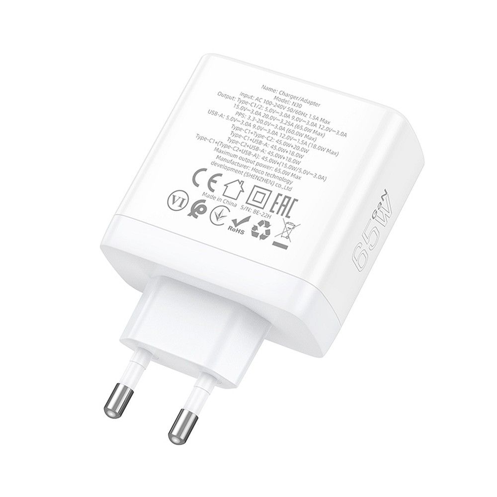 Chargeur Réseau HOCO N30, 65W, 3.25A, 1 x USB-A - 2 x USB-C, Blanc