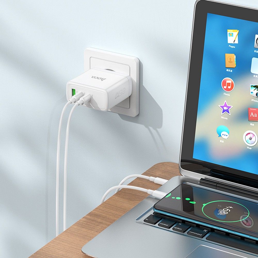 Chargeur Réseau HOCO N30, 65W, 3.25A, 1 x USB-A - 2 x USB-C, Blanc