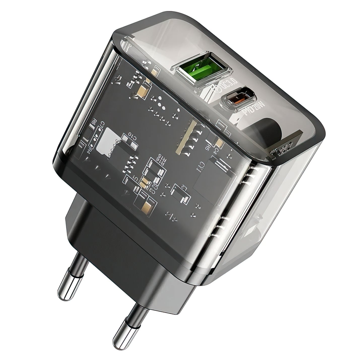 Chargeur Réseau HOCO N34, 20W, 3A, 1 x USB-A - 1 x USB-C, Transparent