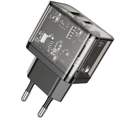 Chargeur Réseau HOCO N34, 20W, 3A, 1 x USB-A - 1 x USB-C, Transparent