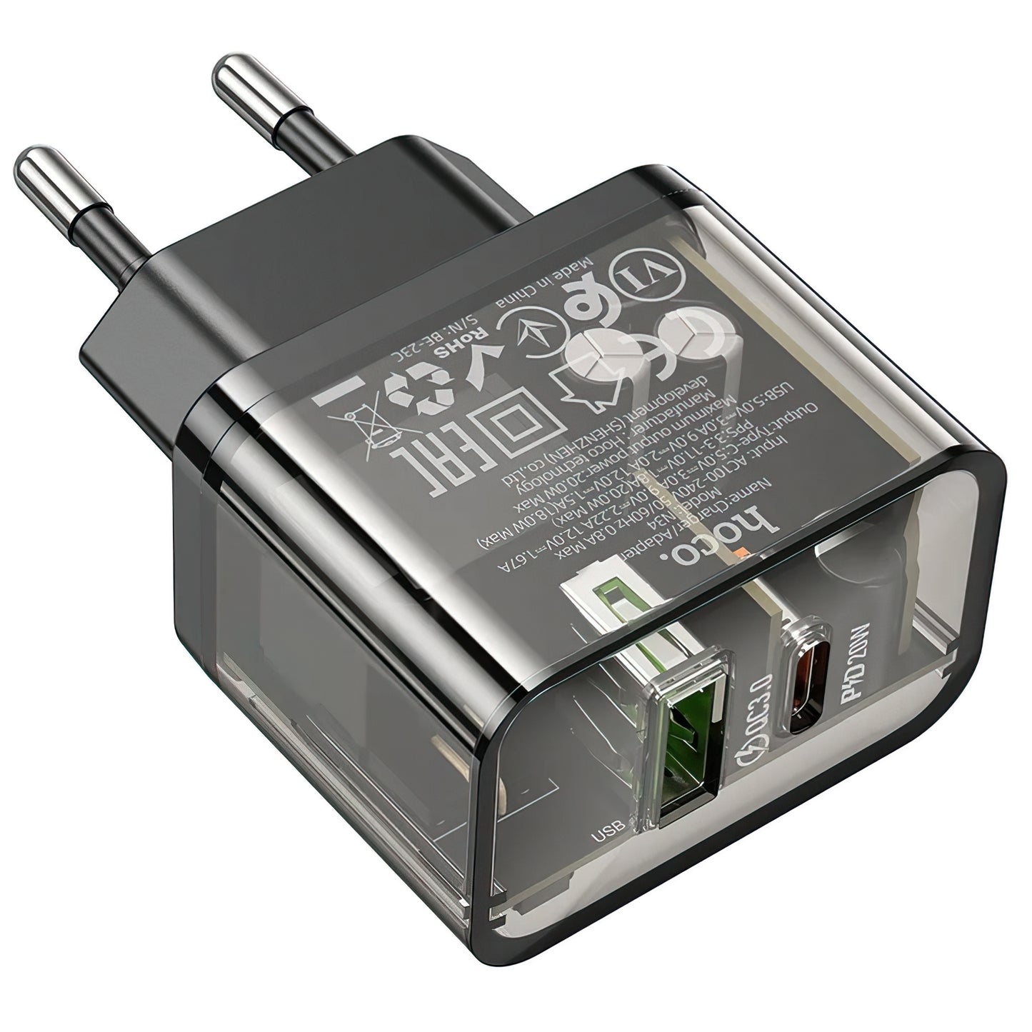 Chargeur Réseau HOCO N34, 20W, 3A, 1 x USB-A - 1 x USB-C, Transparent