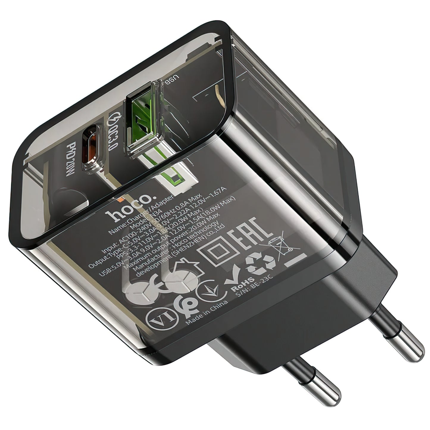 Chargeur Réseau HOCO N34, 20W, 3A, 1 x USB-A - 1 x USB-C, Transparent