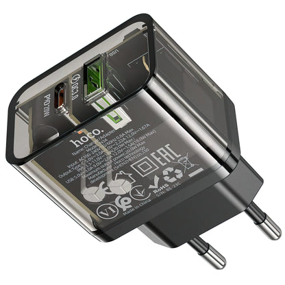 Chargeur Réseau HOCO N34, 20W, 3A, 1 x USB-A - 1 x USB-C, Transparent