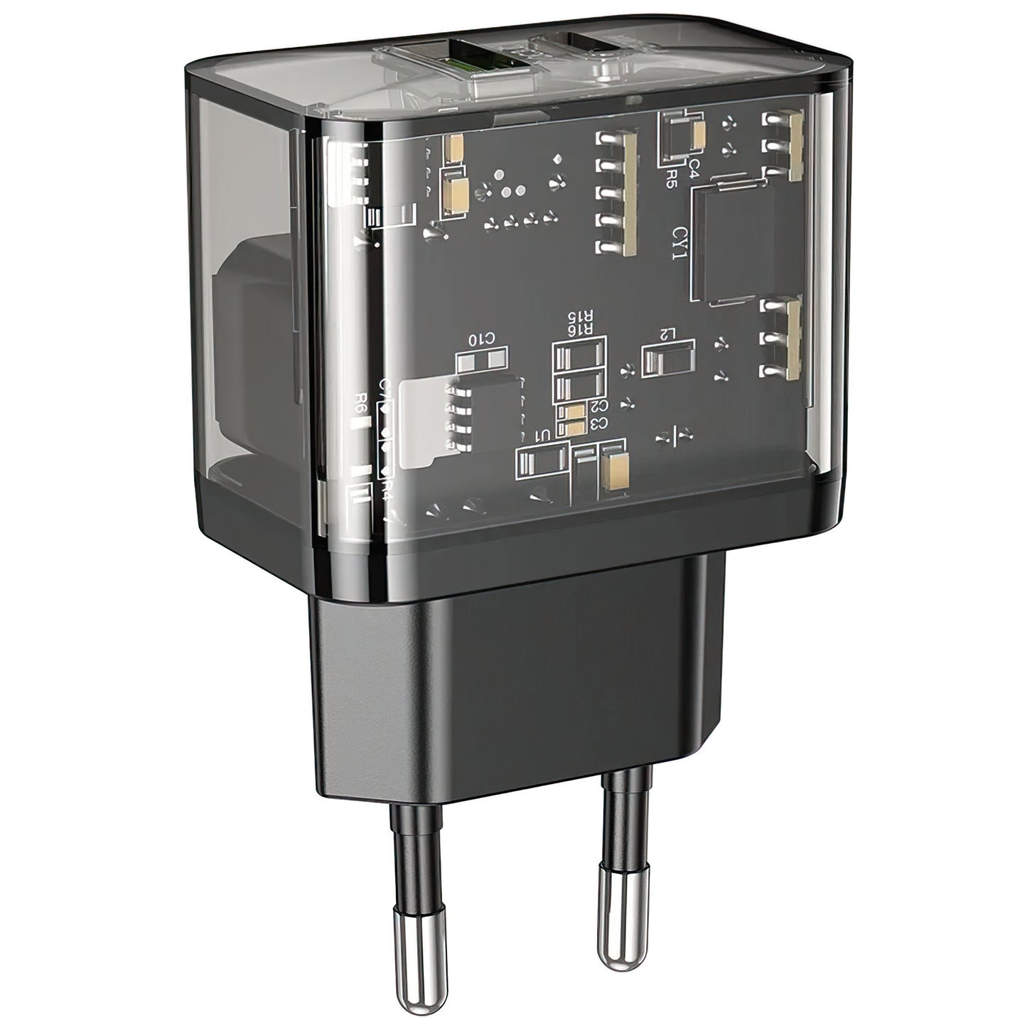 Chargeur Réseau HOCO N34, 20W, 3A, 1 x USB-A - 1 x USB-C, Transparent