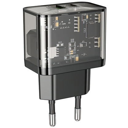 Chargeur Réseau HOCO N34, 20W, 3A, 1 x USB-A - 1 x USB-C, Transparent