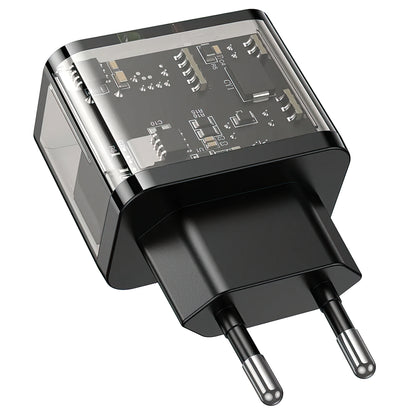 Chargeur Réseau HOCO N34, 20W, 3A, 1 x USB-A - 1 x USB-C, Transparent