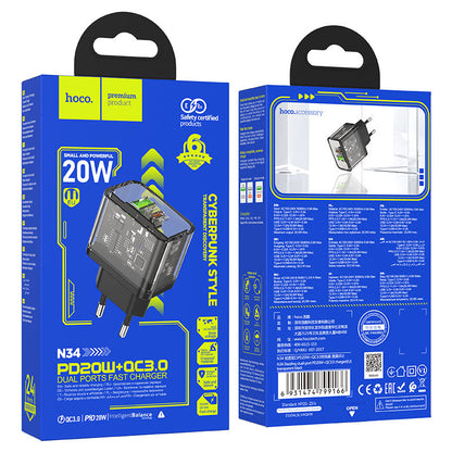 Chargeur Réseau HOCO N34, 20W, 3A, 1 x USB-A - 1 x USB-C, Transparent
