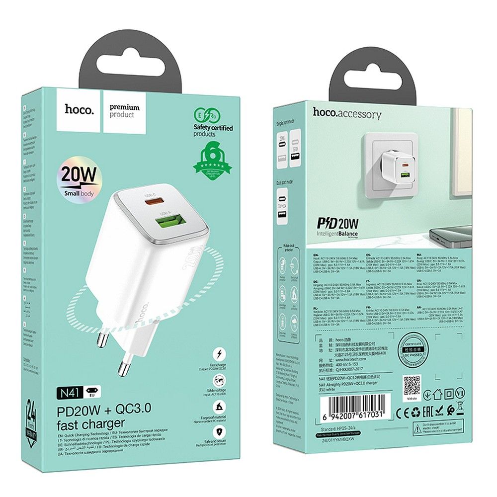 Netzladegerät HOCO N41, 20W, 3A, 1 x USB-A - 1 x USB-C, Weiß