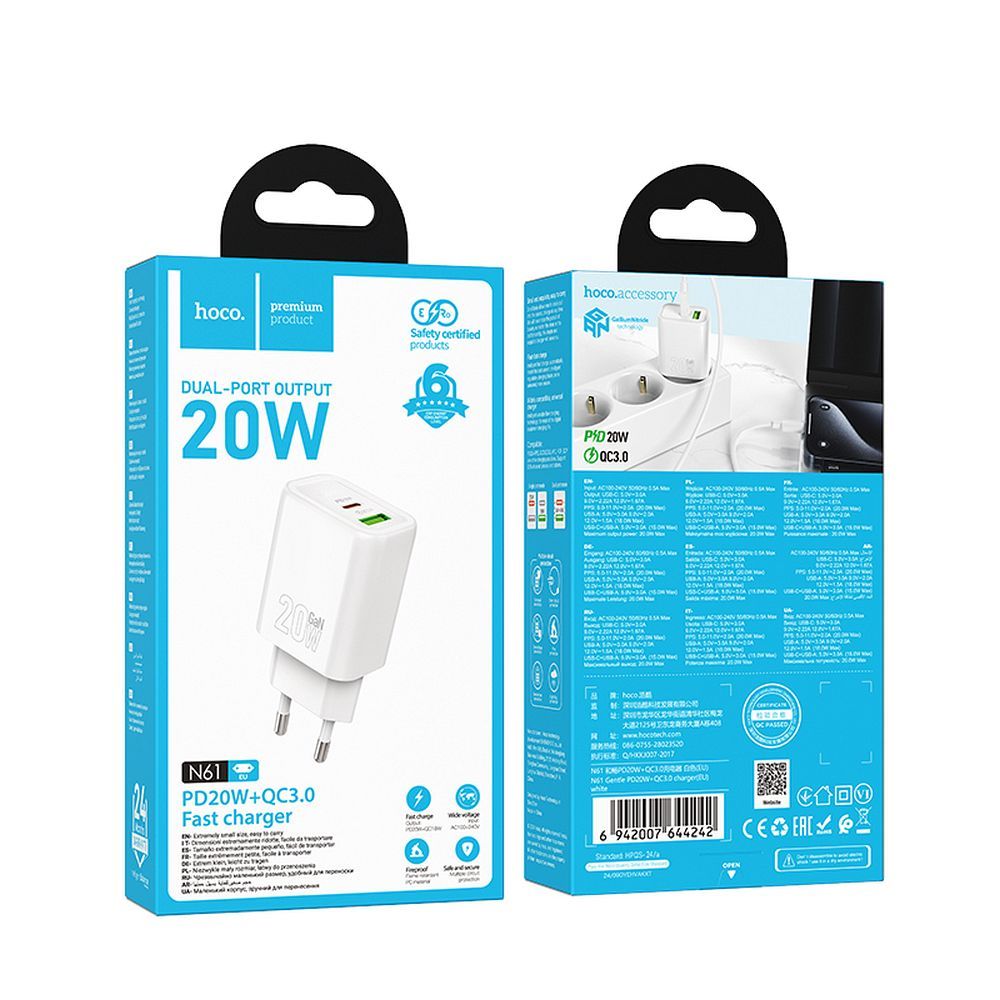 Chargeur Réseau HOCO N61, 20W, 3A, 1 x USB-A - 1 x USB-C, Blanc