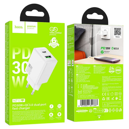 Chargeur Réseau HOCO N71, 30W, 3A, 1 x USB-A - 1 x USB-C, Blanc