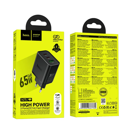 Chargeur Réseau HOCO N75, 65W, 3A, 1 x USB-A - 2 x USB-C, Noir