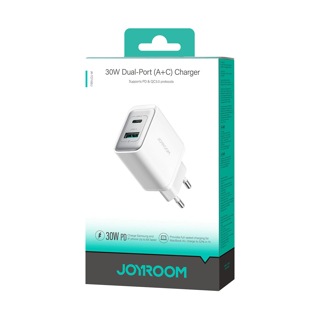 Chargeur Réseau Joyroom JR-TCF15, 30W, 5A, 1 x USB-A - 1 x USB-C, Blanc