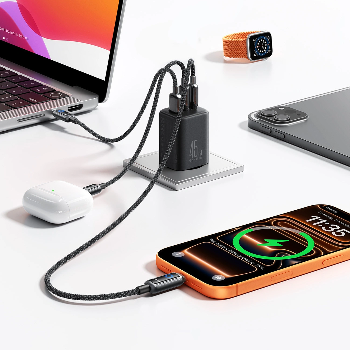 Chargeur secteur Joyroom JR-TO1, 45W, 3A, 1 x Lightning - 1 x USB-A - 1 x USB-C, Noir
