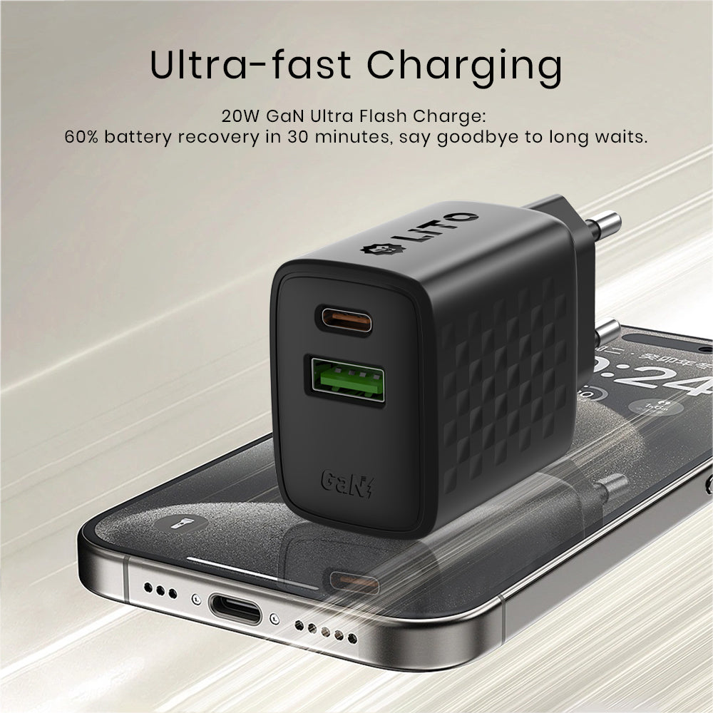 Lito LC15 Network Charger, 20W, 3A, 1 x USB-A - 1 x USB-C, Black