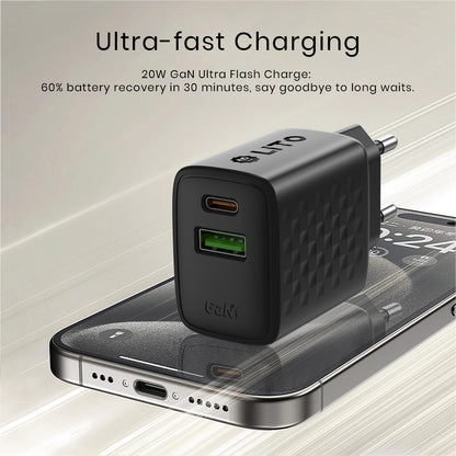 Lito LC15 Network Charger, 20W, 3A, 1 x USB-A - 1 x USB-C, Black