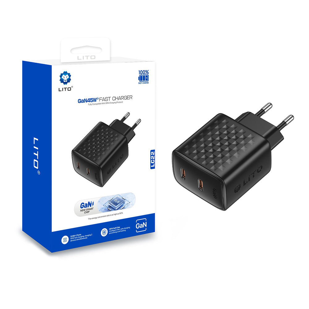 Netzladegerät Lito LC22, 45W, 3A, 2 x USB-C, Schwarz