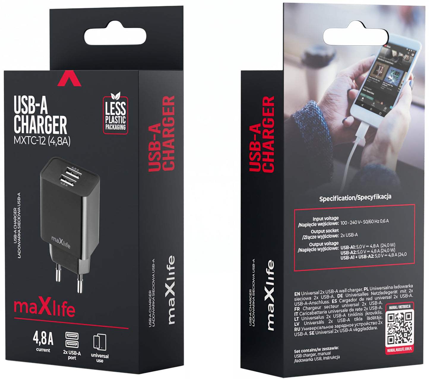 Chargeur Réseau MaXlife MXTC-12, 24W, 2.4A, 2 x USB-A, Noir