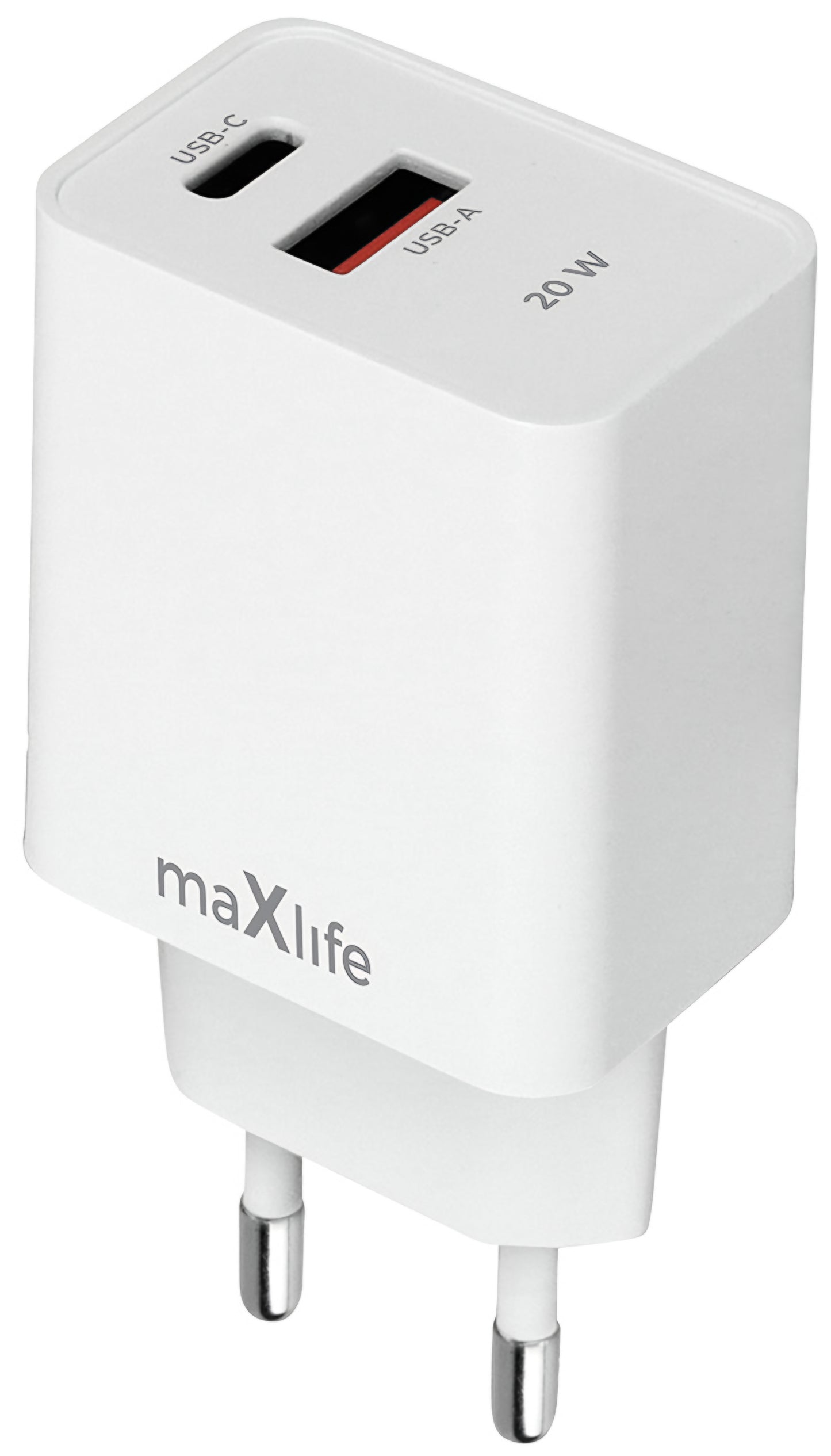 Chargeur Réseau MaXlife MXTC-13-20AC, 20W, 3A, 1 x USB-A - 1 x USB-C, Blanc