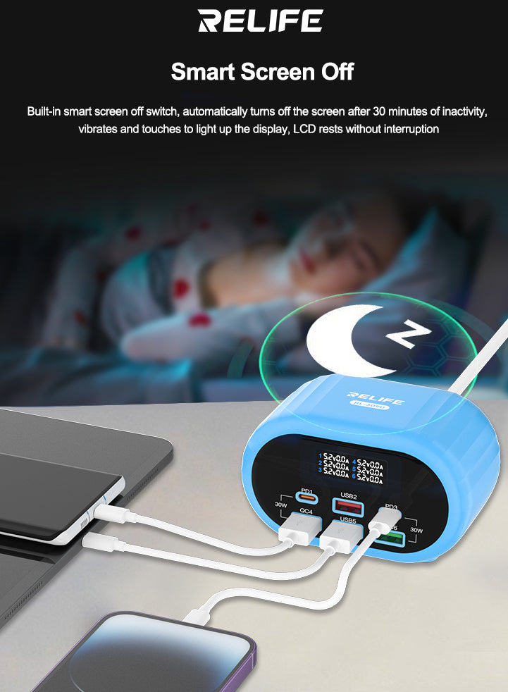 Relife RL-309U Ladestation Ladegerät, 72W, 5A, 2 x USB-C - 4 x USB-A, Blau