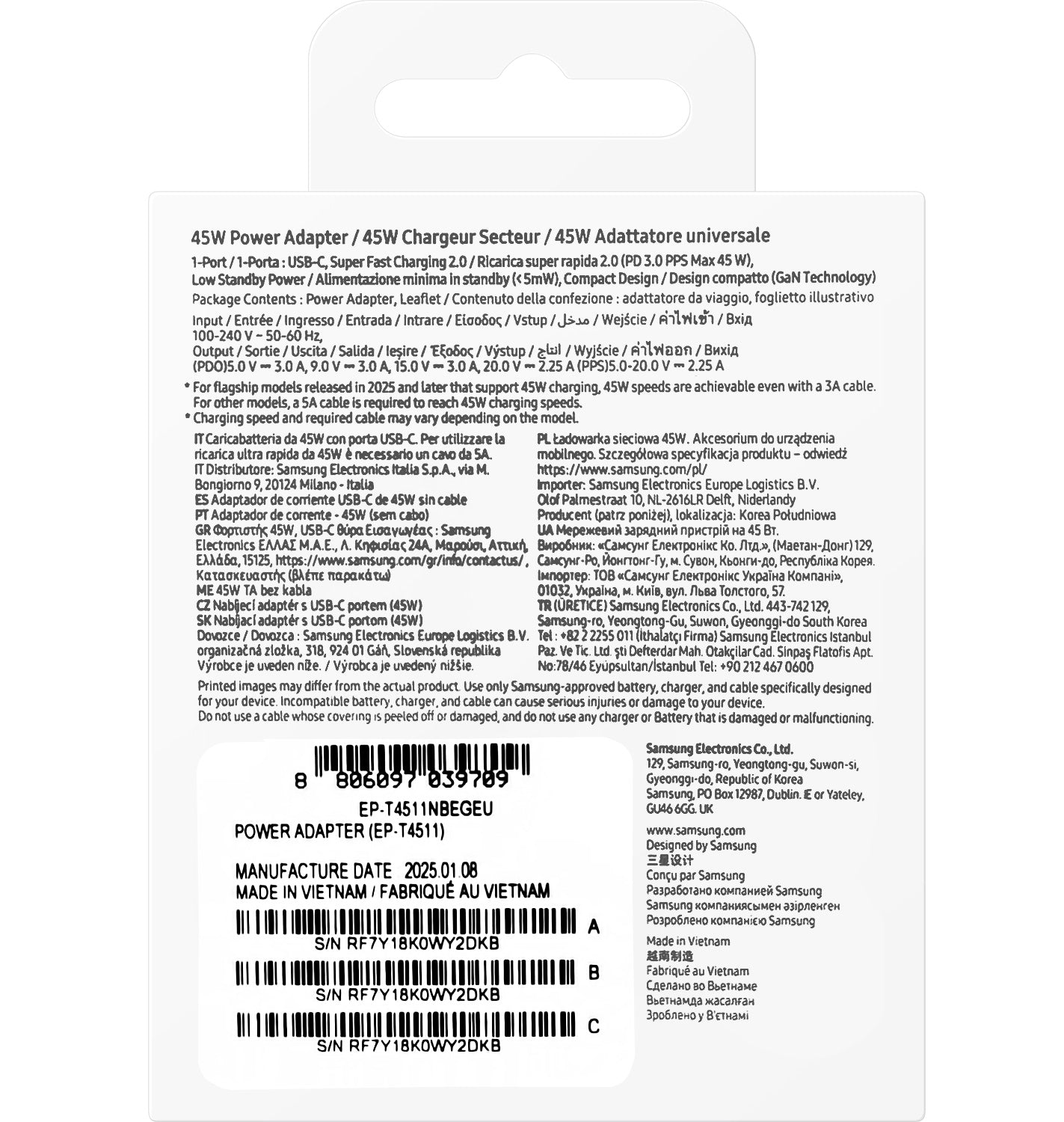 Samsung Network Charger, 45W, 4.05A, 1 x USB-C, Black EP-T4511NBEGEU