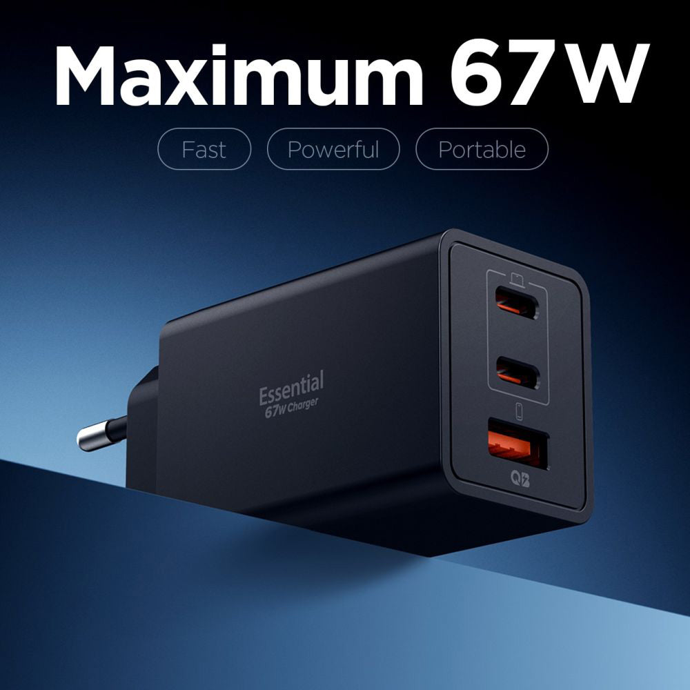 Chargeur Réseau Spigen Essential, 67W, 3.25A, 1 x USB-A - 2 x USB-C, Noir