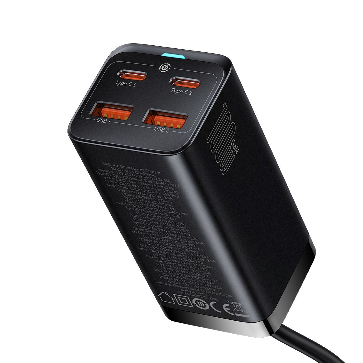 Baseus GaN3 Pro Ladestation, 100W, 5A, 2 x USB-A - 2 x USB-C, Schwarz CCGP000101