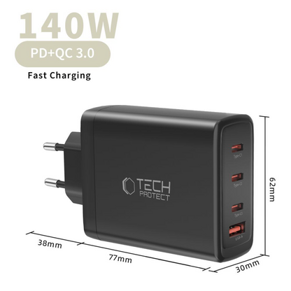 Chargeur Réseau Tech-Protect NC140W-GAN, 140W, 5A, 1 x USB-A - 3 x USB-C, Noir