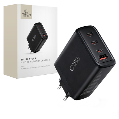 Chargeur Réseau Tech-Protect NC140W-GAN, 140W, 5A, 1 x USB-A - 3 x USB-C, Noir