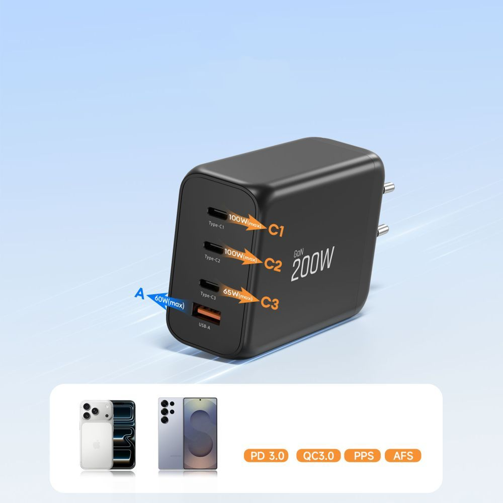 Netzladegerät Tech-Protect NC200W-GAN, 200W, 5A, 1 x USB-A - 3 x USB-C, Schwarz