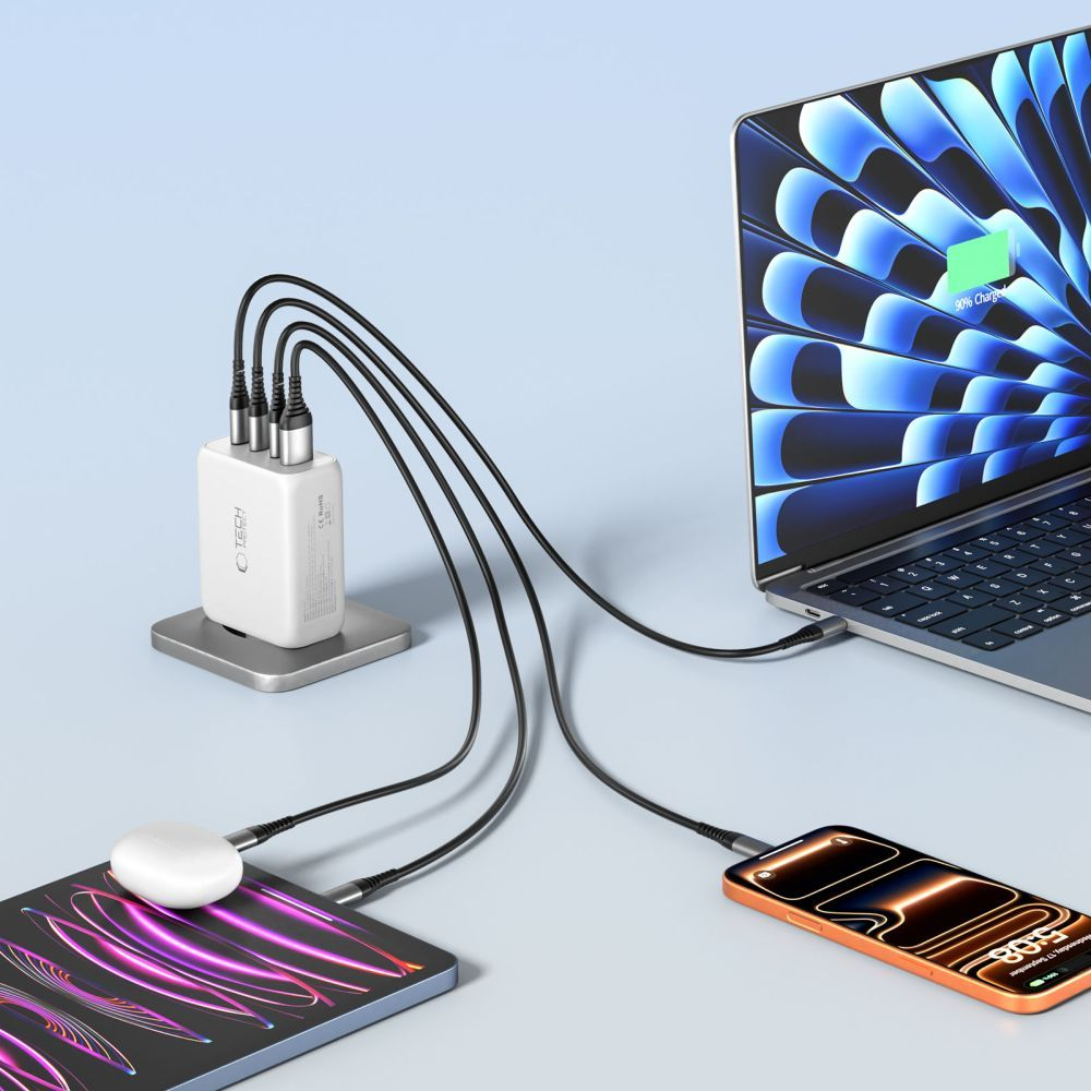 Netzladegerät Tech-Protect NC200W-GAN, 200W, 5A, 1 x USB-A - 3 x USB-C, Weiß
