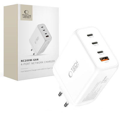 Netzladegerät Tech-Protect NC200W-GAN, 200W, 5A, 1 x USB-A - 3 x USB-C, Weiß