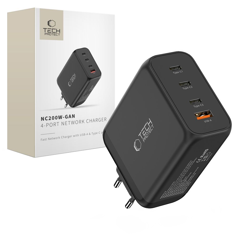 Netzladegerät Tech-Protect NC200W-GAN, 200W, 5A, 1 x USB-A - 3 x USB-C, Schwarz