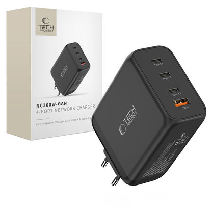 Netzladegerät Tech-Protect NC200W-GAN, 200W, 5A, 1 x USB-A - 3 x USB-C, Schwarz