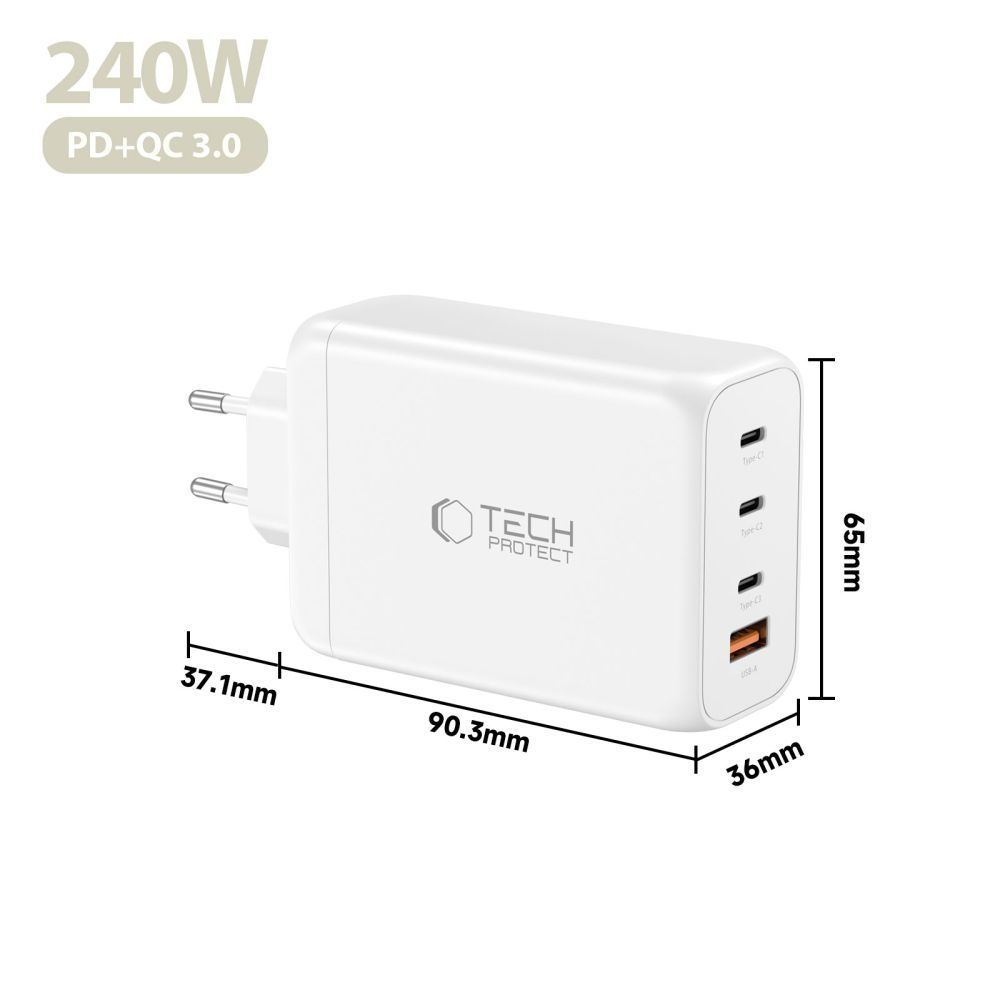 Chargeur Réseau Tech-Protect NC240W-GAN, 240W, 5A, 1 x USB-A - 3 x USB-C, Blanc