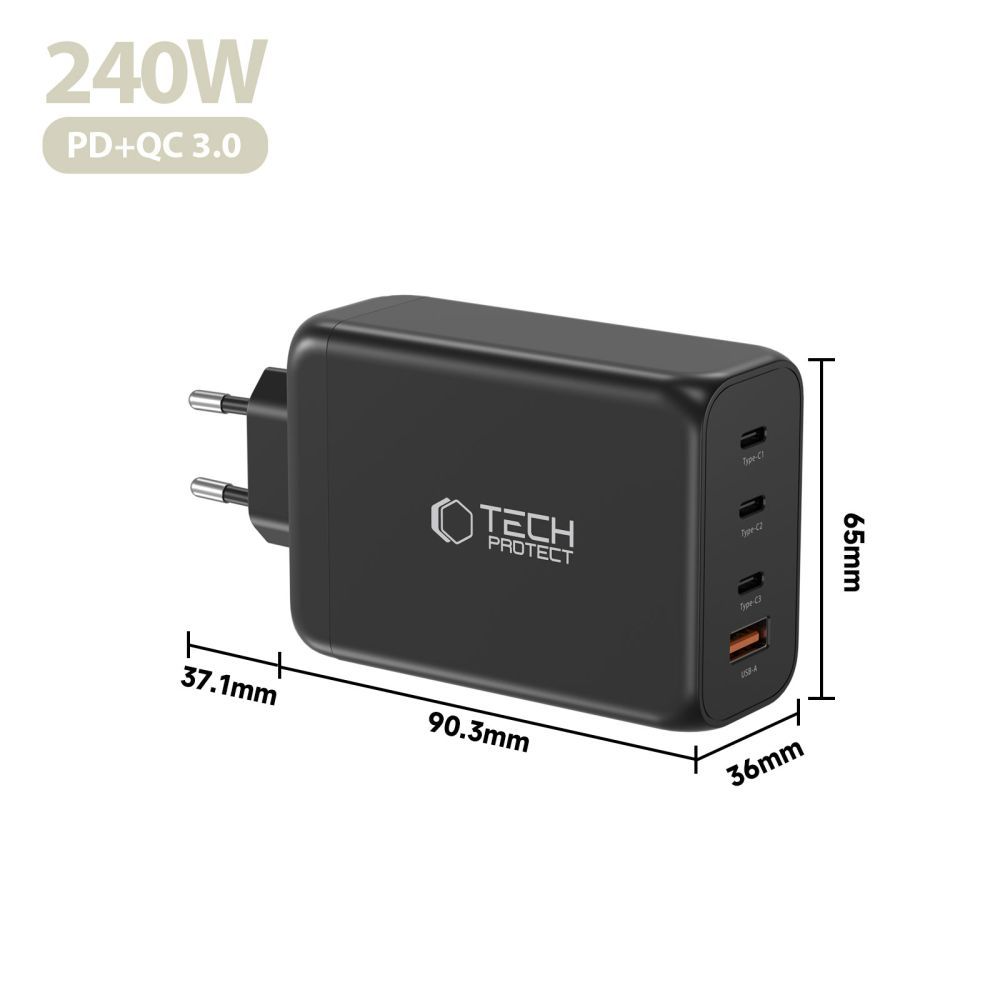 Chargeur Réseau Tech-Protect NC240W-GAN, 240W, 5A, 1 x USB-A - 3 x USB-C, Noir