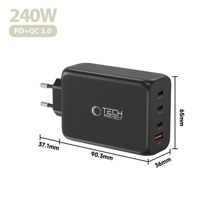 Chargeur Réseau Tech-Protect NC240W-GAN, 240W, 5A, 1 x USB-A - 3 x USB-C, Noir