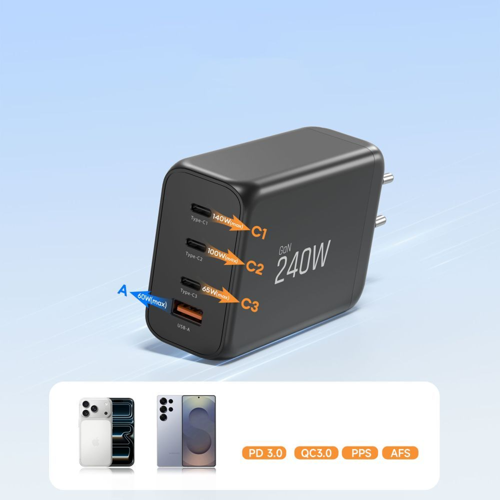 Chargeur Réseau Tech-Protect NC240W-GAN, 240W, 5A, 1 x USB-A - 3 x USB-C, Noir
