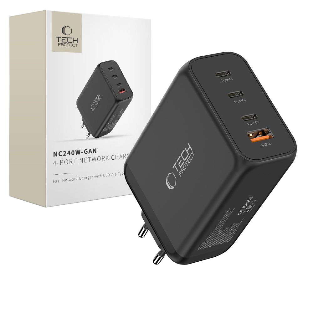 Chargeur Réseau Tech-Protect NC240W-GAN, 240W, 5A, 1 x USB-A - 3 x USB-C, Noir